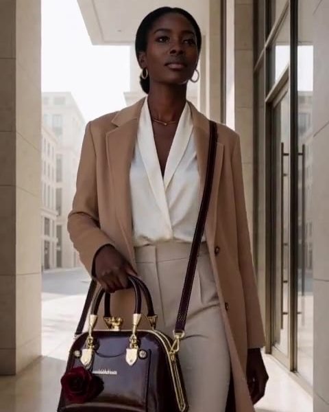 Une femme en manteau camel marche avec le sac Bissap bordeaux
