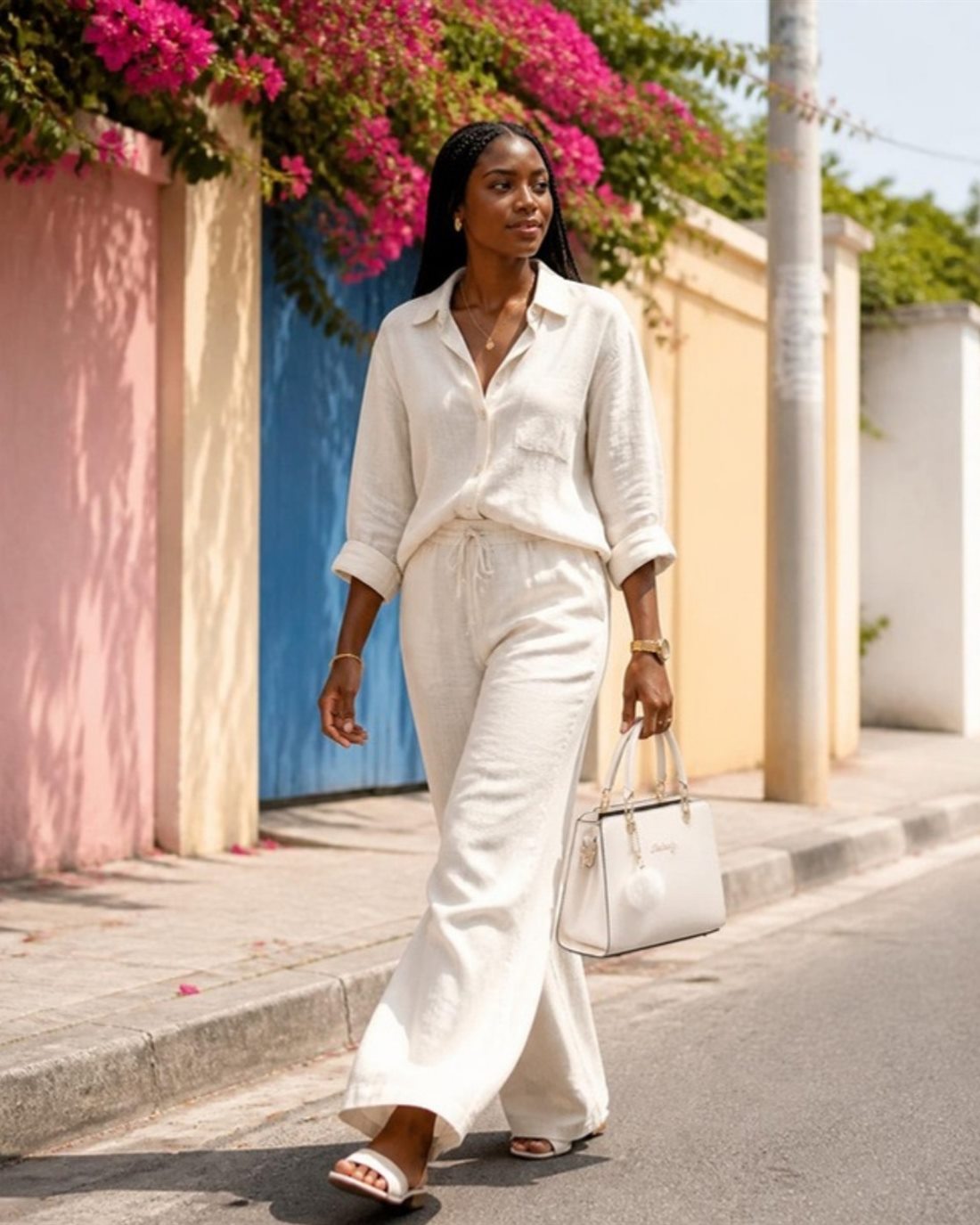 Une femme en lin blanc marche dans une rue fleurie avec le sac Karité ivoire